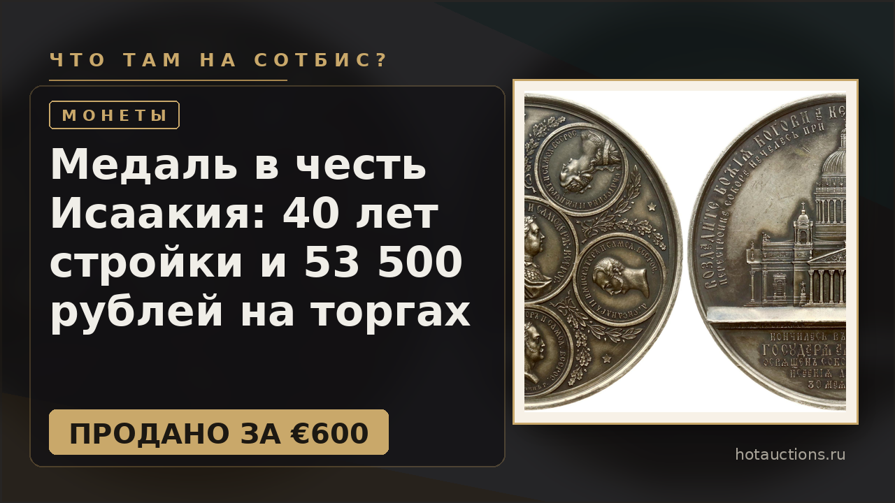 Медаль в честь Исаакия: 40 лет стройки и 53 500 рублей на торгах