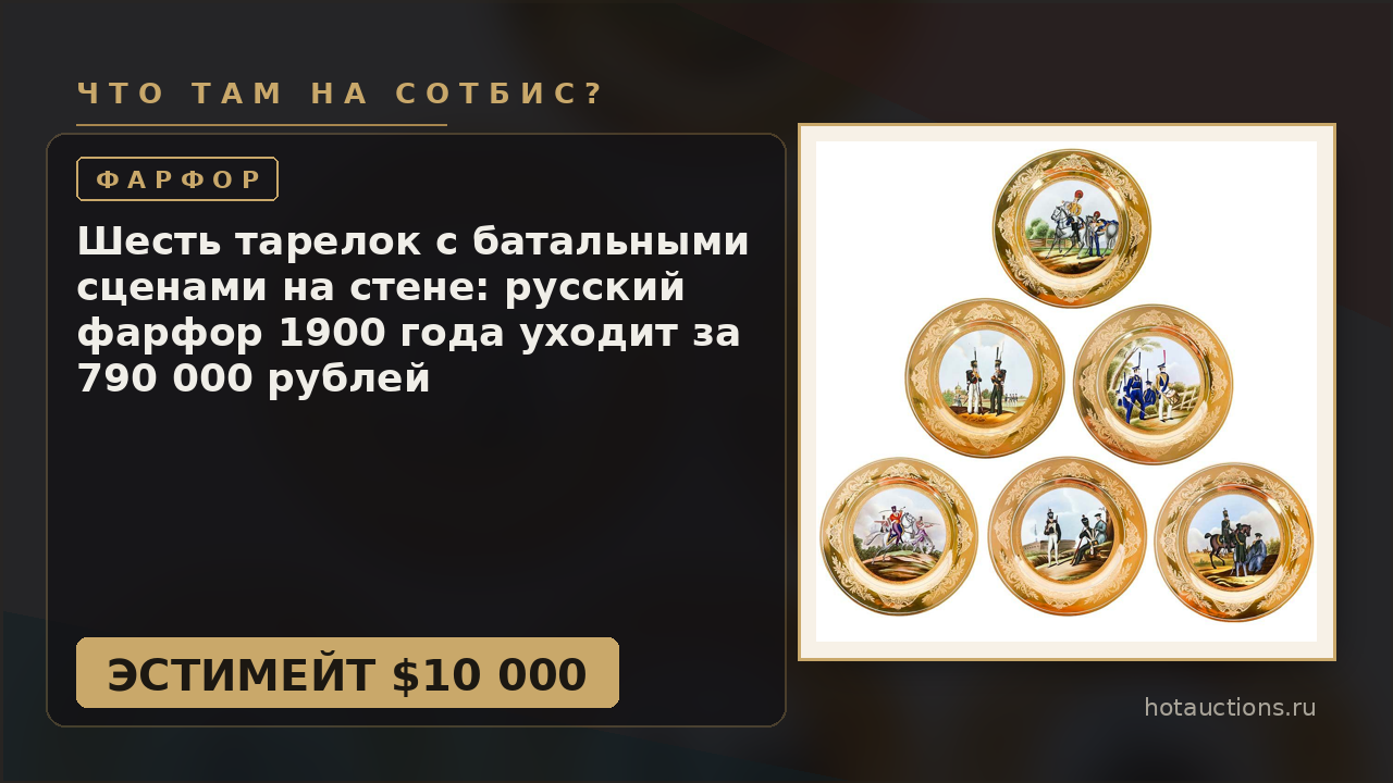 Шесть тарелок с батальными сценами на стене: русский фарфор 1900 года уходит за 790 000 рублей