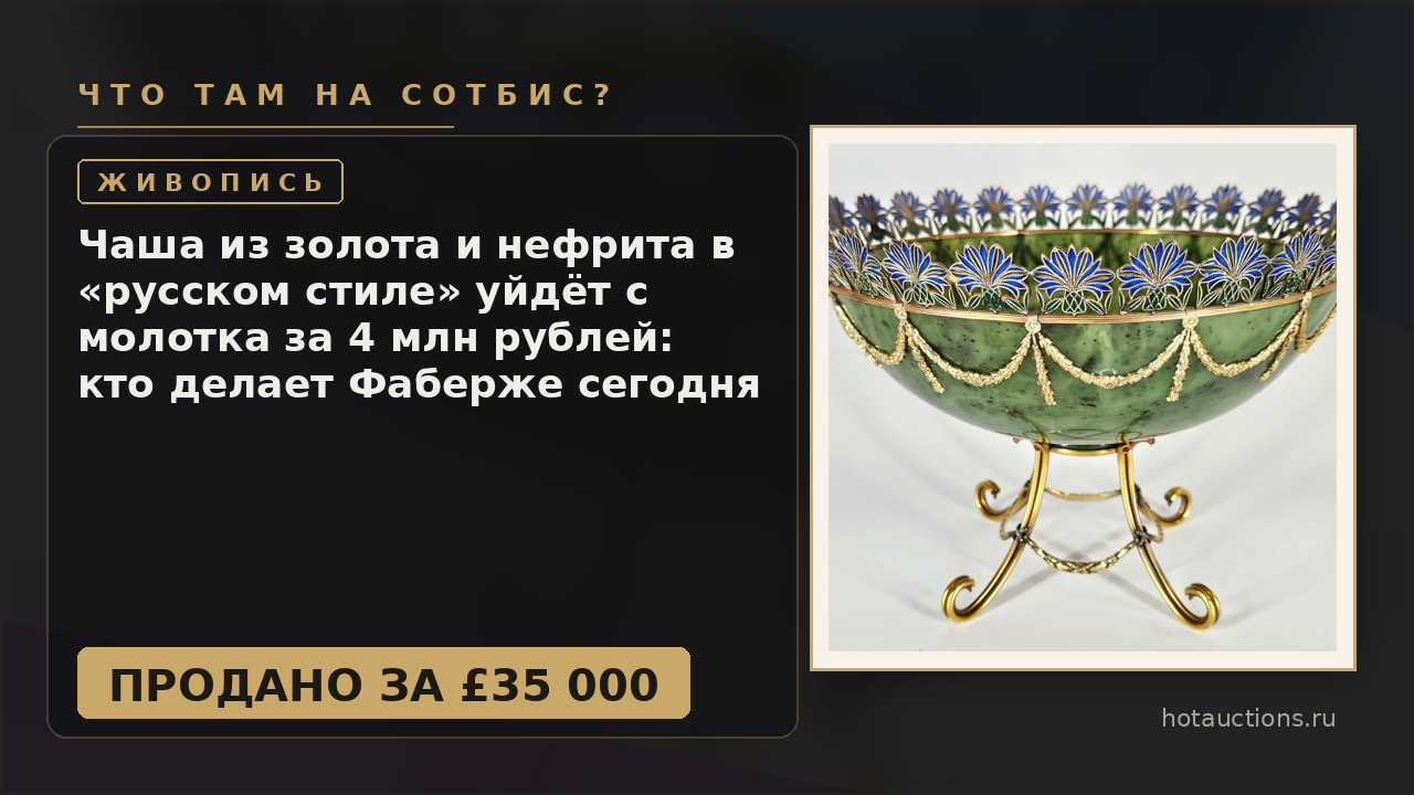 Чаша из золота и нефрита в «русском стиле» уйдёт с молотка за 4 млн рублей: кто делает Фаберже сегодня